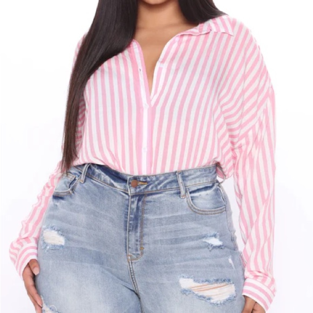 •Playin Games• Pink & White Stripe Relaxed Fit Oversized Long Sleeve Button-Down - Picture 7 of 7